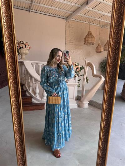 Belis İthal Özel Tasarım Uzun Elbise Mavi