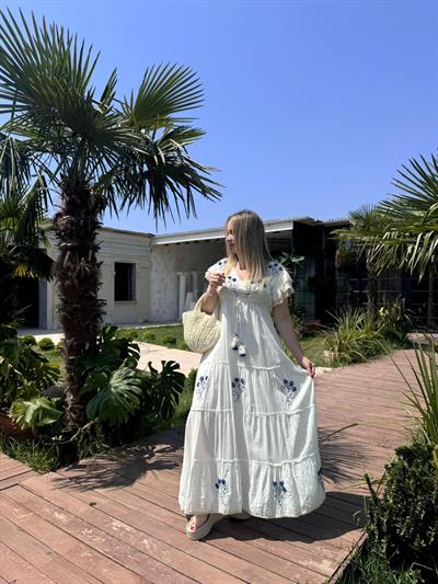 Bella Mavi Nakiş Ve Deniz Kabuklu İthal Pamuk Elbise