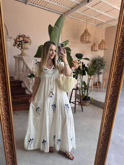 Bella Mavi Nakiş Ve Deniz Kabuklu İthal Pamuk Elbise