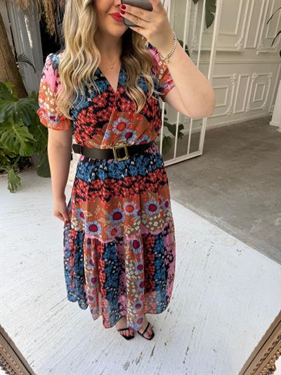 Bellisima Kemerli Kisa Kol Şifon Elbise Renkli