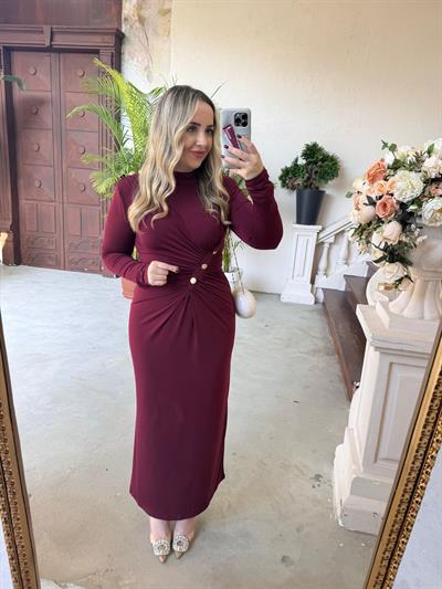 Belly Gold Düğme Detaylı Vatkalı Tasarım Elbise Bordo