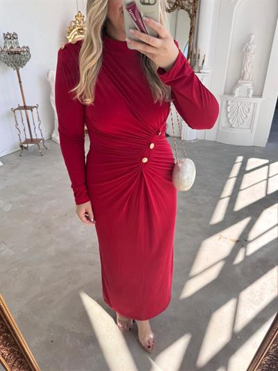 Belly Gold Düğme Detaylı Vatkalı Tasarım Elbise Kırmızı