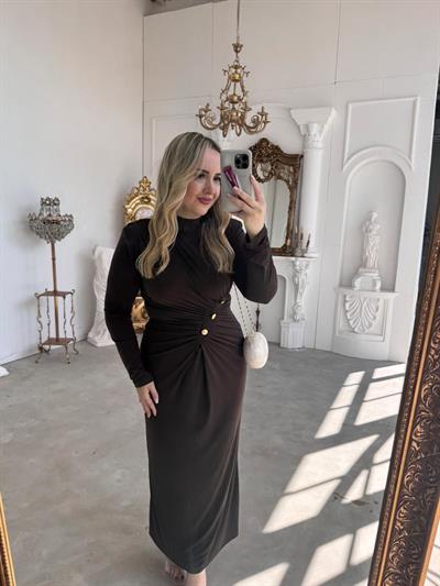 Belly Gold Düğme Detaylı Vatkalı Tasarım Elbise Acı Kahve