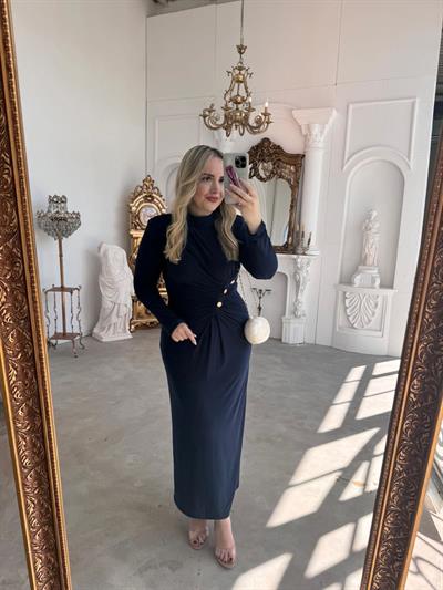 Belly Gold Düğme Detaylı Vatkalı Tasarım Elbise Lacivert