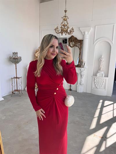 Belly Gold Düğme Detaylı Vatkalı Tasarım Elbise Kırmızı