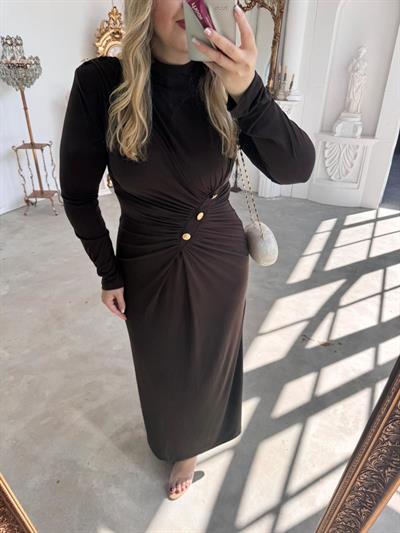 Belly Gold Düğme Detaylı Vatkalı Tasarım Elbise Acı Kahve