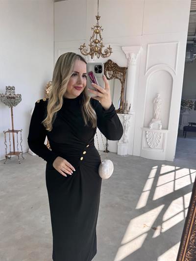 Belly Gold Düğme Detaylı Vatkalı Tasarım Elbise Siyah