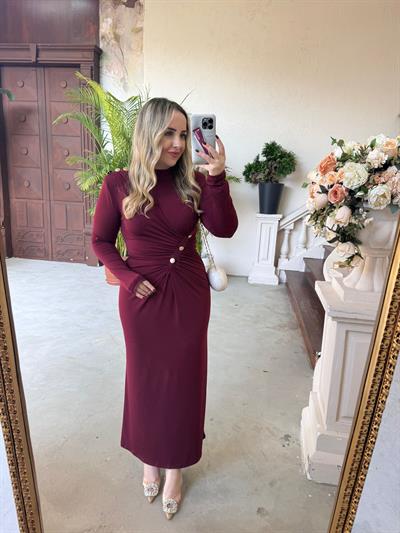 Belly Gold Düğme Detaylı Vatkalı Tasarım Elbise Bordo