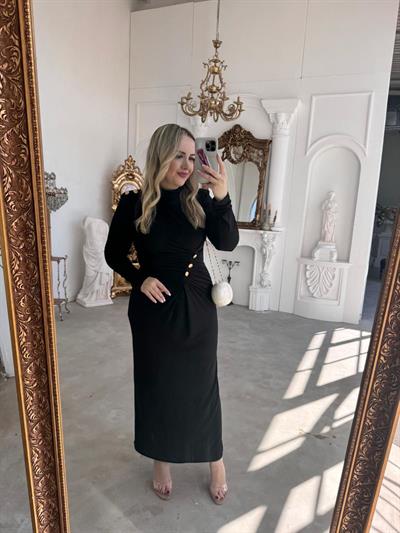 Belly Gold Düğme Detaylı Vatkalı Tasarım Elbise Siyah