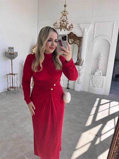 Belly Gold Düğme Detaylı Vatkalı Tasarım Elbise Kırmızı