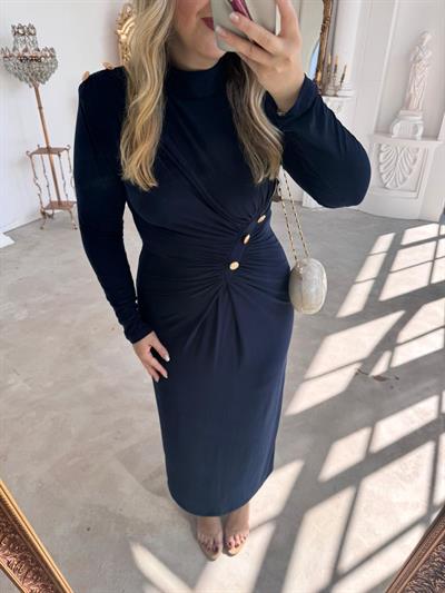 Belly Gold Düğme Detaylı Vatkalı Tasarım Elbise Lacivert