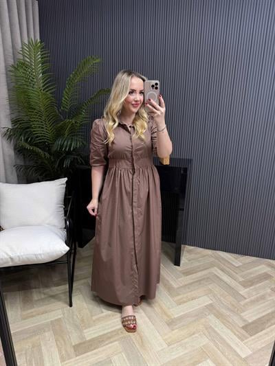Berlin Pamuk Poplin Maxi Elbise Kahverengi