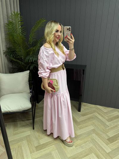 Berrak Beli Lastikli Pamuk Poplin Elbise Toz Pembe
