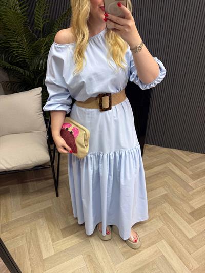 Berrak Beli Lastikli Pamuk Poplin Elbise Bebek Mavi