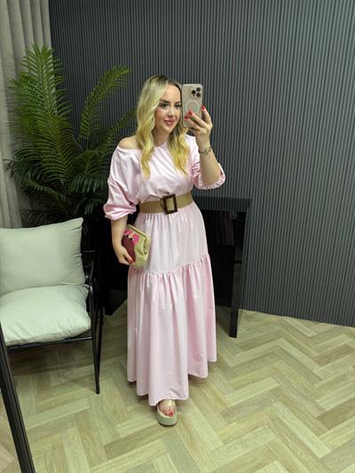 Berrak Beli Lastikli Pamuk Poplin Elbise Toz Pembe