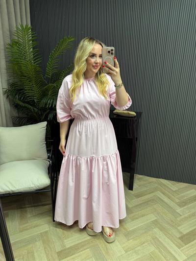 Berrak Beli Lastikli Pamuk Poplin Elbise Toz Pembe