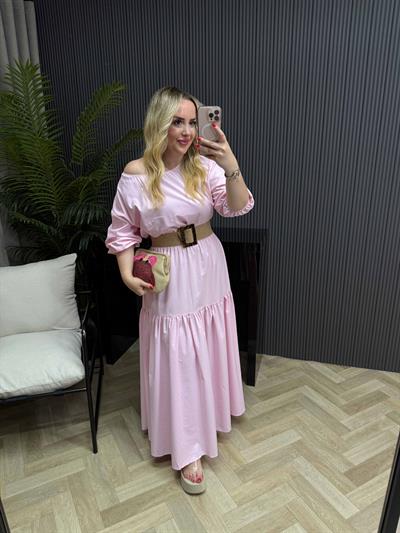 Berrak Beli Lastikli Pamuk Poplin Elbise Toz Pembe