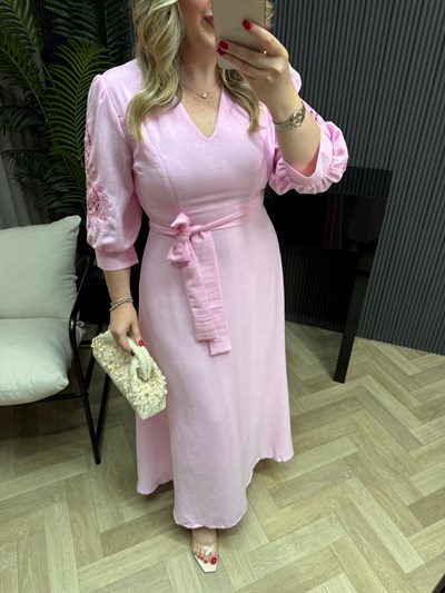 Bestem Kolları Nakişli İthal Maxi Keten Elbise Pembe