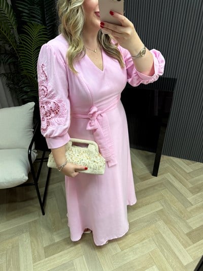 Bestem Kolları Nakişli İthal Maxi Keten Elbise Pembe