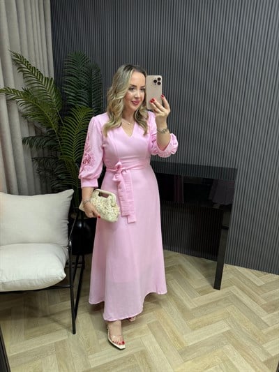 Bestem Kolları Nakişli İthal Maxi Keten Elbise Pembe