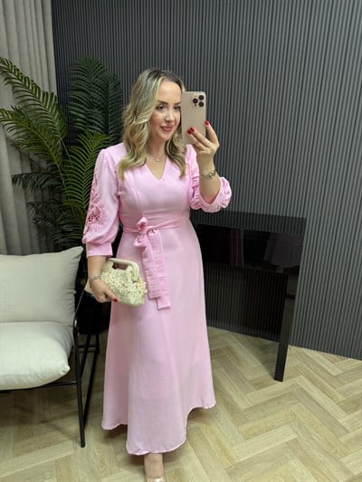 Bestem Kolları Nakişli İthal Maxi Keten Elbise Pembe