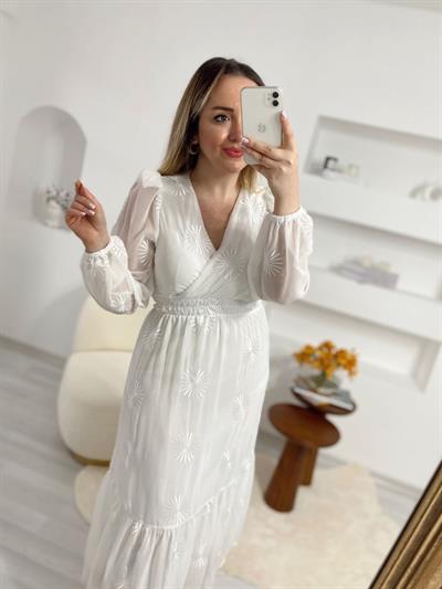 Beyaz Beli Lastıklı Özel Gün Elbisesi