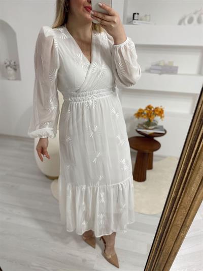 Beyaz Beli Lastıklı Özel Gün Elbisesi