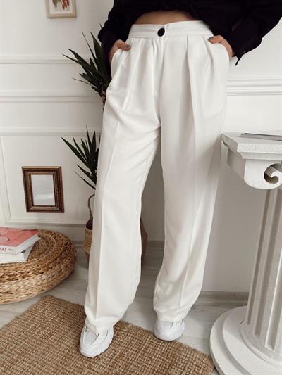 Beyaz Bol Paça Pensli Pantolon