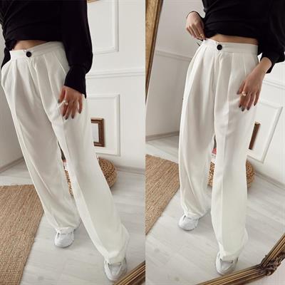 Beyaz Bol Paça Pensli Pantolon