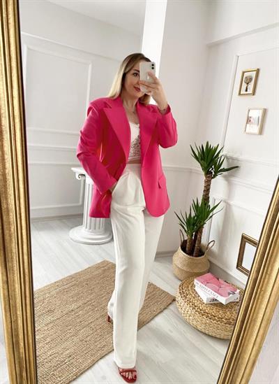 Beyaz Bol Paça Pensli Pantolon