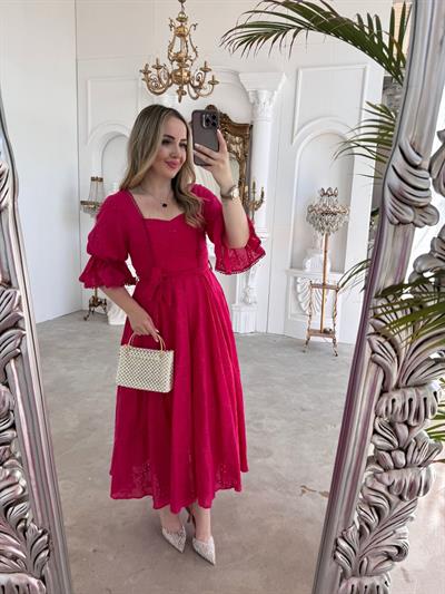 Bianca Kol Lastıklı Tasarım Brode Fuşya Elbise