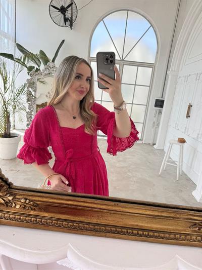 Bianca Kol Lastıklı Tasarım Brode Fuşya Elbise