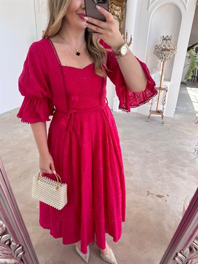 Bianca Kol Lastıklı Tasarım Brode Fuşya Elbise