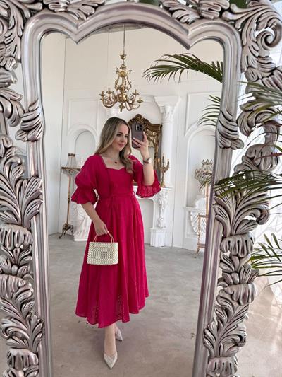 Bianca Kol Lastıklı Tasarım Brode Fuşya Elbise