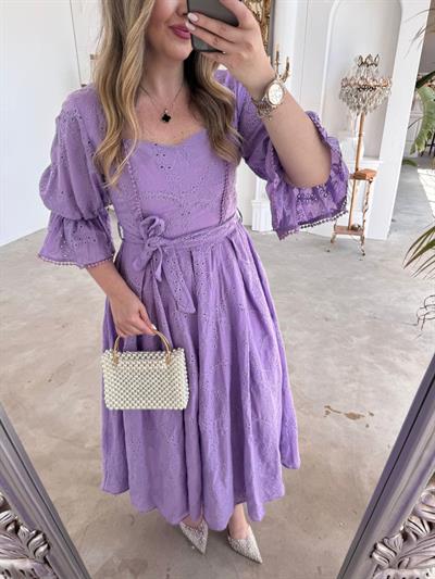 Bianca Kol Lastıklı Tasarım Brode Lila Elbise