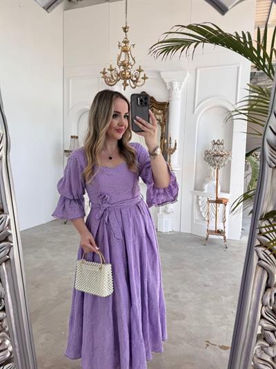 Bianca Kol Lastıklı Tasarım Brode Lila Elbise