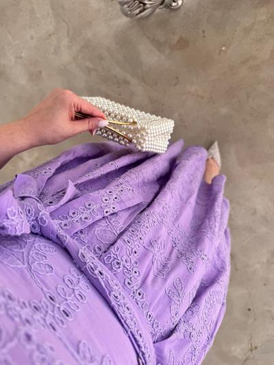 Bianca Kol Lastıklı Tasarım Brode Lila Elbise