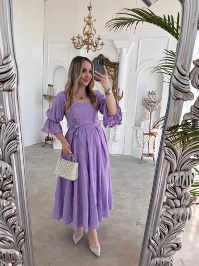 Bianca Kol Lastıklı Tasarım Brode Lila Elbise