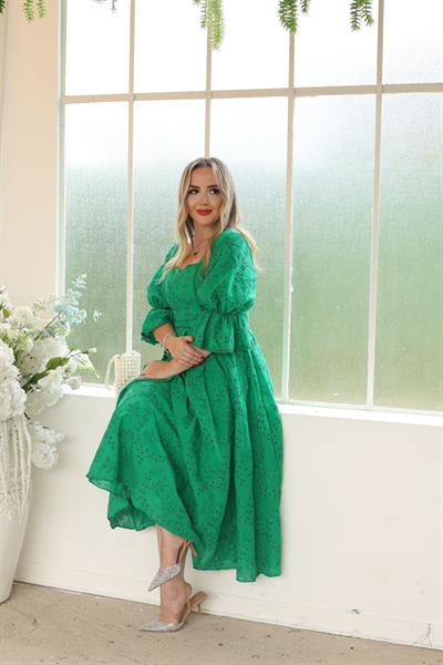 Bianca Kol Lastıklı Tasarım Brode Yeşil Elbise