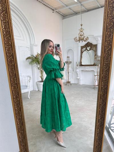 Bianca Kol Lastıklı Tasarım Brode Yeşil Elbise