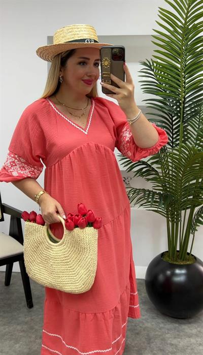 Bodrum Pamuk Keten Nakişli Elbise Kirmizi