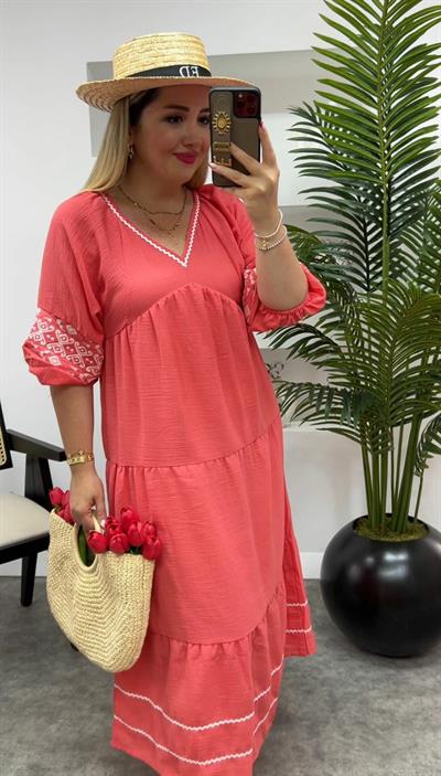 Bodrum Pamuk Keten Nakişli Elbise Kirmizi