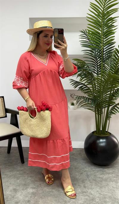 Bodrum Pamuk Keten Nakişli Elbise Kirmizi
