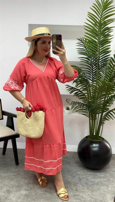 Bodrum Pamuk Keten Nakişli Elbise Kirmizi