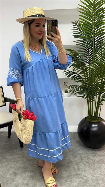 Bodrum Pamuk Keten Nakişli Elbise Mavi