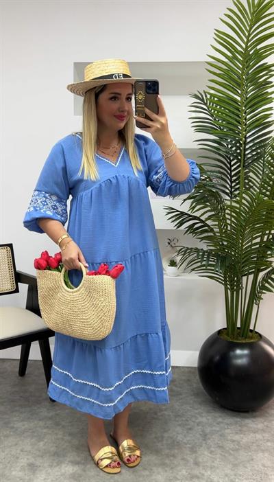 Bodrum Pamuk Keten Nakişli Elbise Mavi