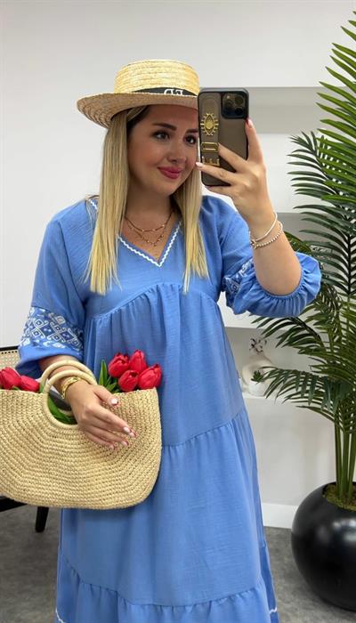 Bodrum Pamuk Keten Nakişli Elbise Mavi