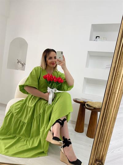 Bölmeli Poplin Elbise Yeşil