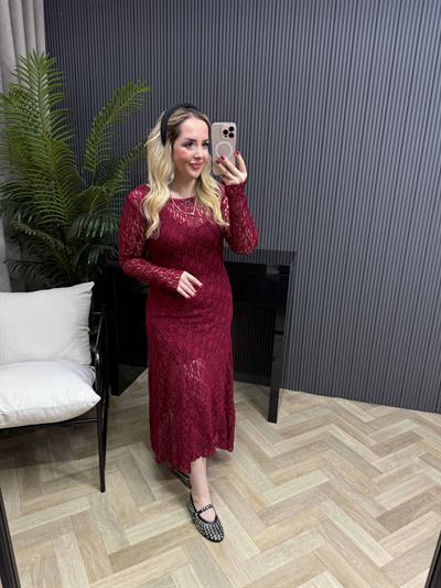 Bordo Dantel Elbise