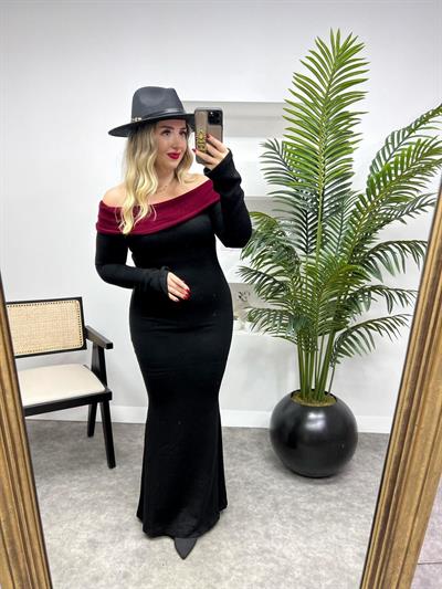 Bordo Kayık Yaka Siyah Triko Elbise